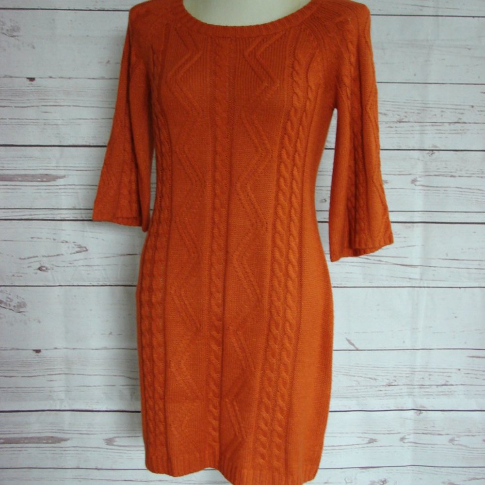 Rust Orange Cable Knit Sweater Dress M - Pink Rose